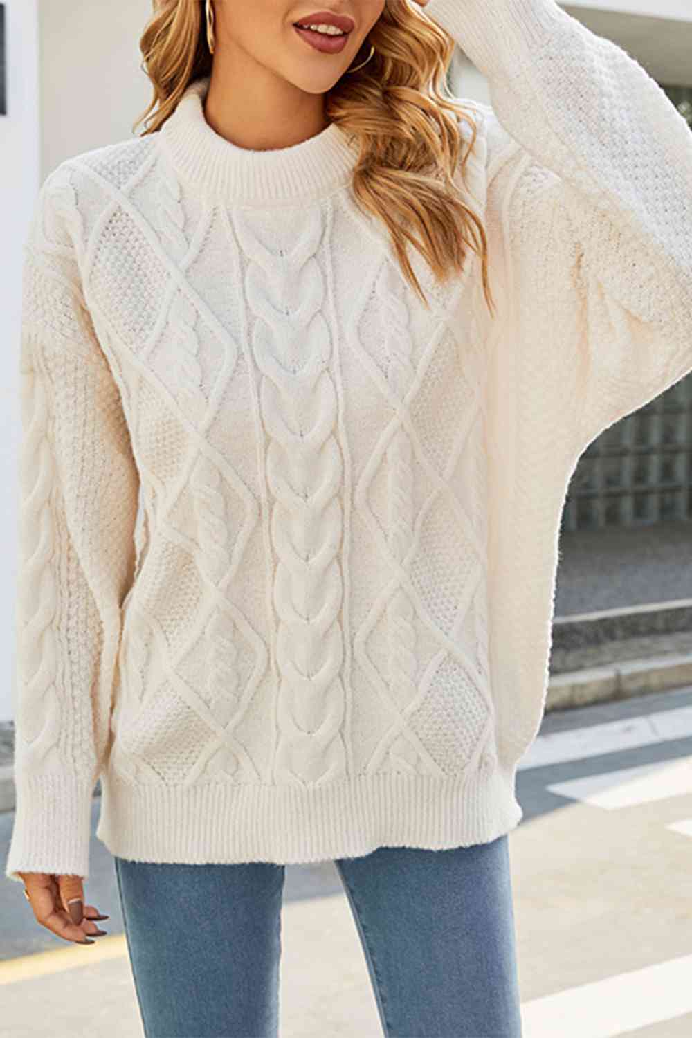 Melody Cable Knit Oversized Sweater – Drop Shoulder Crew Neck Cozy Pullover
