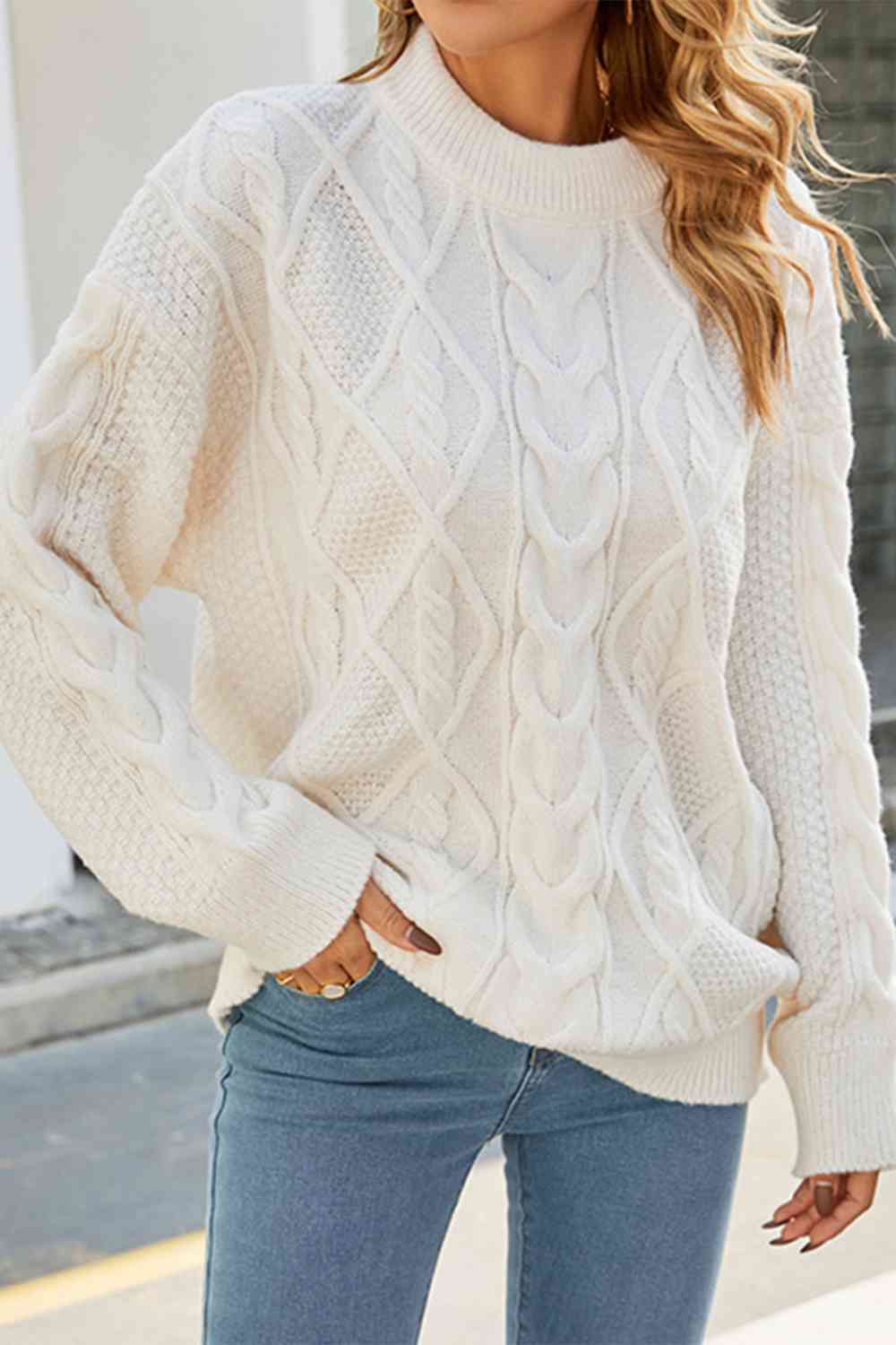 Melody Cable Knit Oversized Sweater – Drop Shoulder Crew Neck Cozy Pullover