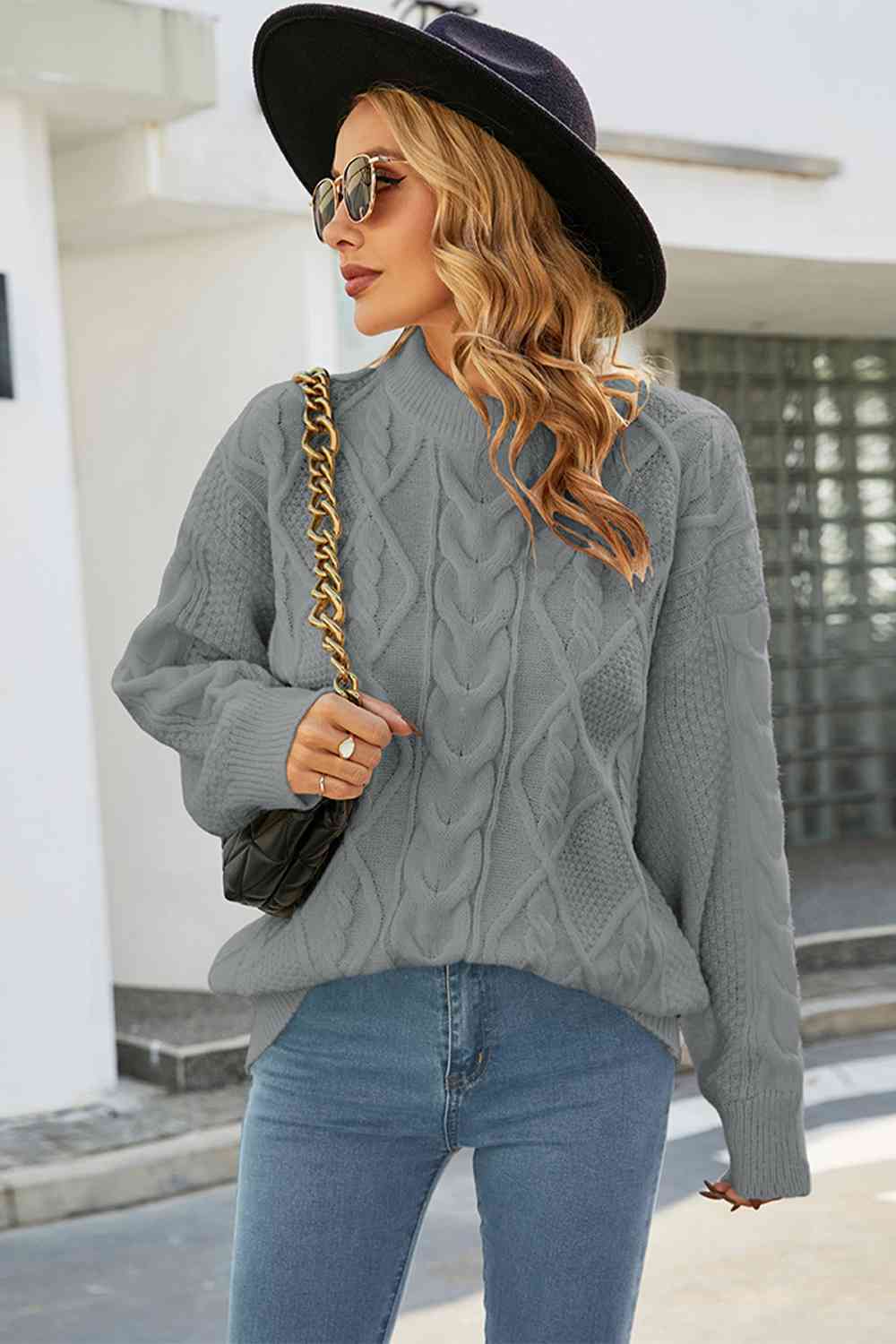 Melody Cable Knit Oversized Sweater – Drop Shoulder Crew Neck Cozy Pullover